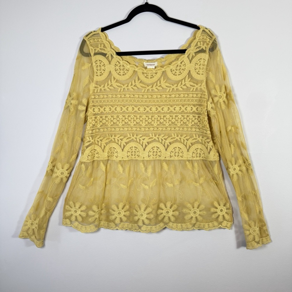 Sundance Embroidered Lace Mesh Peplum Top Yellow  Mustard Summer Boho Festival L